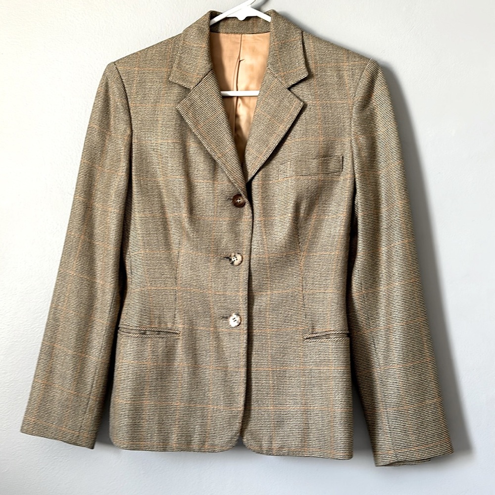 Vintage fitted blazer, green and gold, wool, 3 button, slit pockets, XS or XXS.